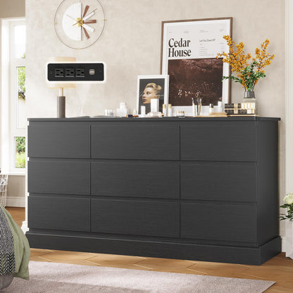 Hasuit Modern White Dresser for Bedroom with 9 Drawers, 61.4"Wide Dressers Chest of Drawer with Large Capacity Storage, Long Dresser TV Stand with Power Outlets, Sturdy Storage Cabinet for Living Room