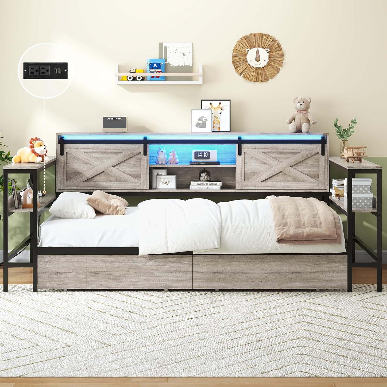 Hasuit Twin XL Corner Bed with Drawers and Bookcase Storage Shelves, Daybed with Charging Station and LED Light, Farmhouse Wooden Bed Frame with Sliding Barn Doors, No Box Spring Needed, Rustic Gray