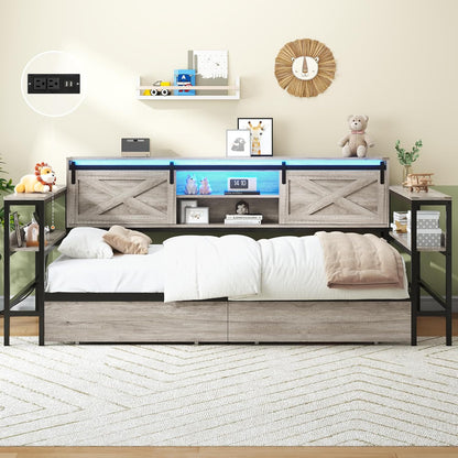 Hasuit Twin XL Corner Bed with Drawers and Bookcase Storage Shelves, Daybed with Charging Station and LED Light, Farmhouse Wooden Bed Frame with Sliding Barn Doors, No Box Spring Needed, Rustic Gray