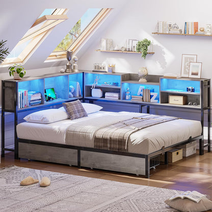 Hasuit Full Corner Bed Frame with Storage Bookcase, Full Size Daybed with 2 Underneath Storage Drawers, Kids Bed Unit with Charging Station and LED Light, Modern Teenagers Bedframe, Black&Gray