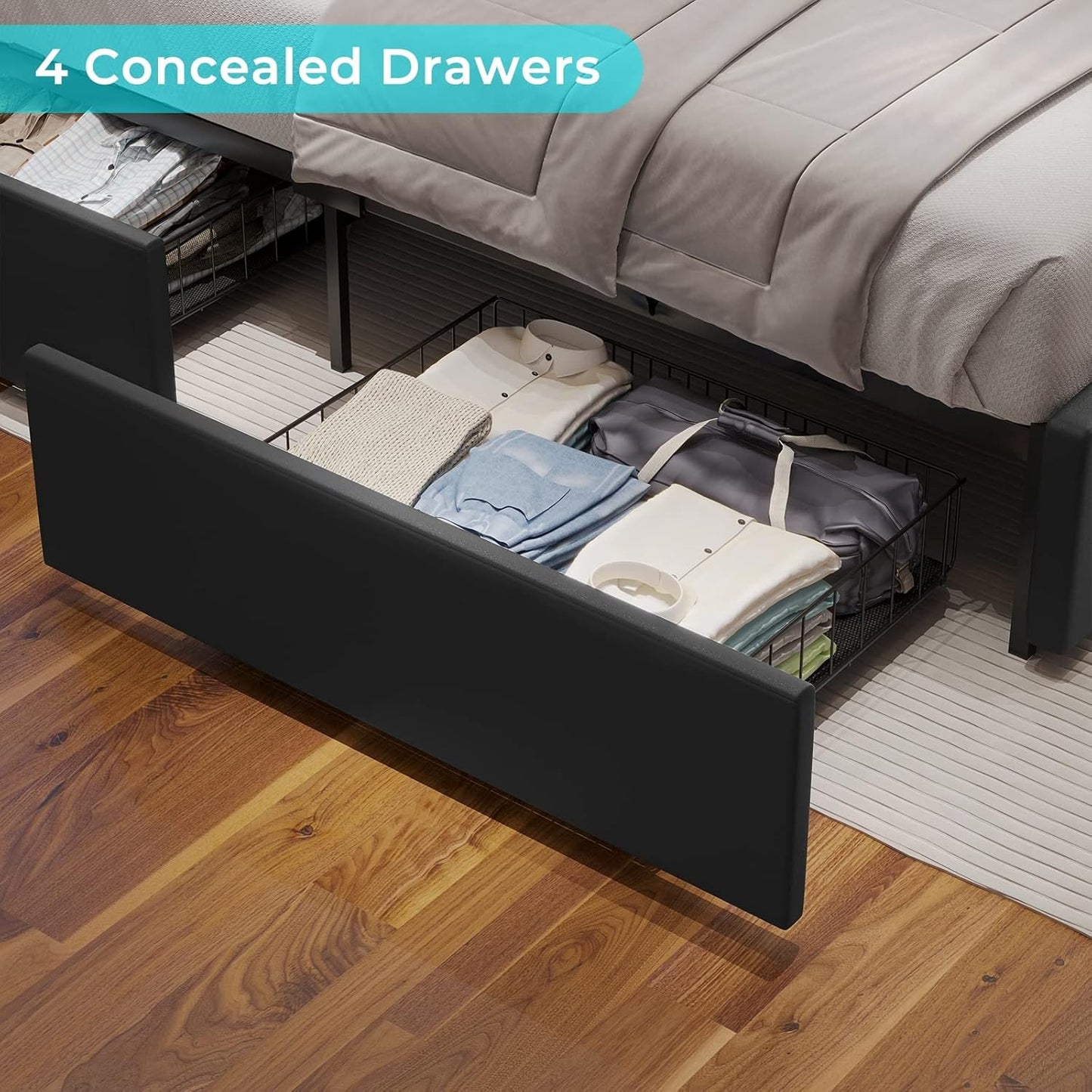 4 Drawers Faux Leather Upholstered Platform Bed Frame with LED Headboard Black