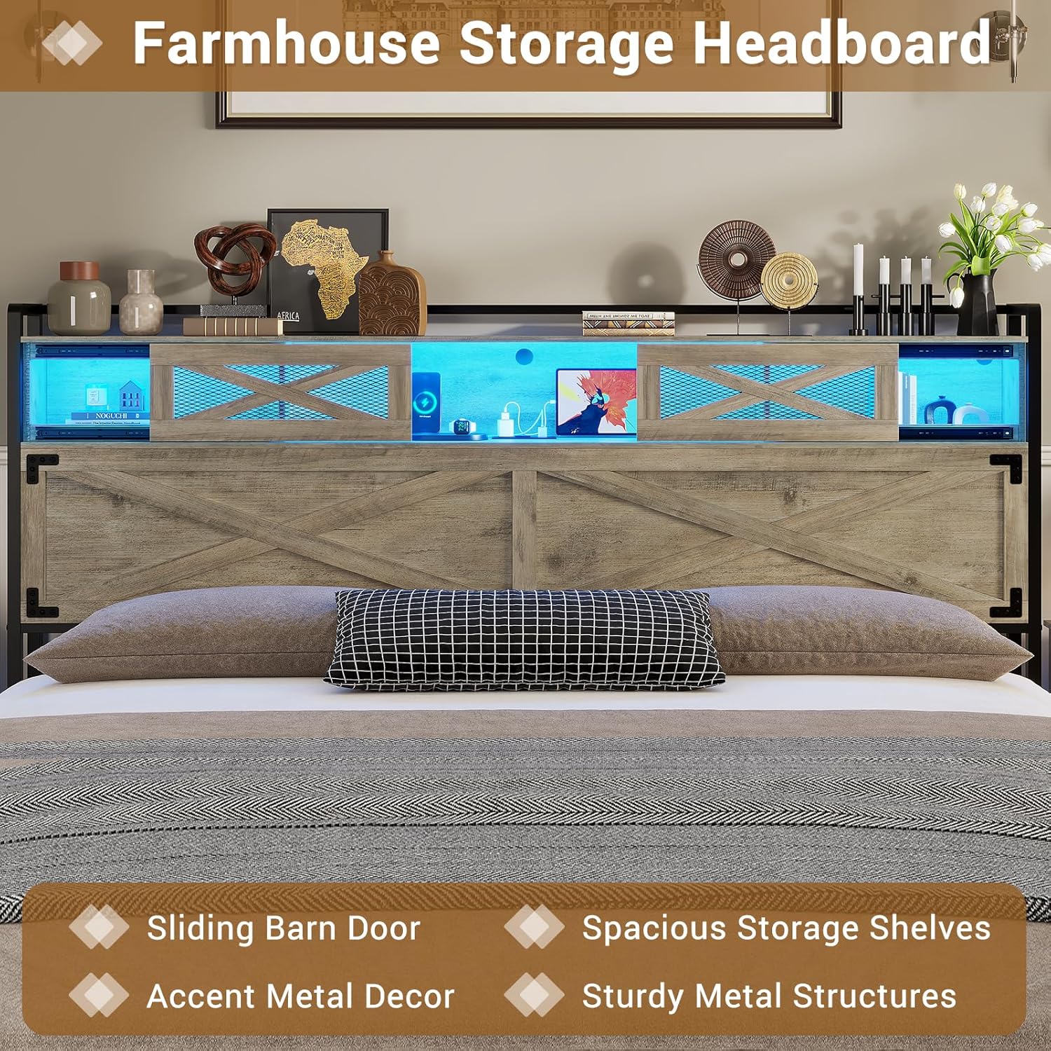 Hasuit King Bed Frame with Storage Headboard, Platform Bed King Size with Charging Station and LED Lights, Farmhouse Rustic Bed with Sliding Barn Door, Rustic Oak