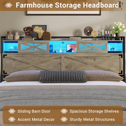 Hasuit King Bed Frame with Storage Headboard, Platform Bed King Size with Charging Station and LED Lights, Farmhouse Rustic Bed with Sliding Barn Door, Rustic Oak