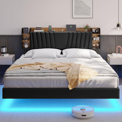 Hasuit California King Floating Led Bed Frame with Hidden Storage Headboard and Charging Station Cal King Size Visual Floating Platform Bed with Led Lights,No Box Spring Needed,Black+Rustic