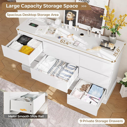 Hasuit Modern White Dresser for Bedroom with 9 Drawers, 61.4"Wide Dressers Chest of Drawer with Large Capacity Storage, Long Dresser TV Stand with Power Outlets, Sturdy Storage Cabinet for Living Room
