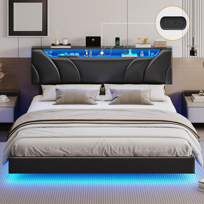 Hasuit California King Bed Frame with Hidden Storage Headboard and Charging Station Cal King Size Floating Bed Frame with Led Lights Upholstered Visual Floating Platform bed,No Box Spring Needed,Black