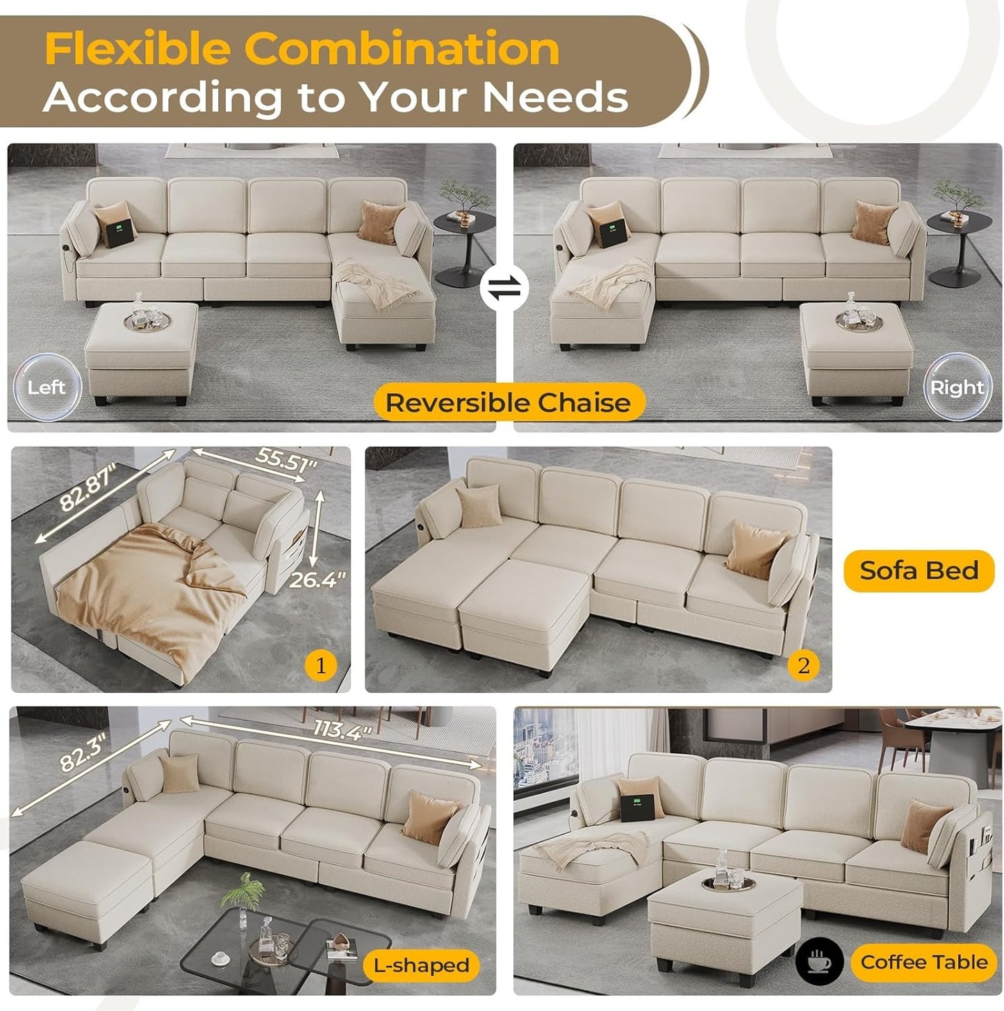 Hasuit 113'' U Shaped  Sectional Sofa with Storage Seats Comfy  with USB Dark Beige