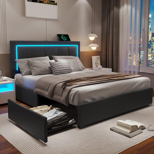 4 Drawers Faux Leather Upholstered Platform Bed Frame with LED Headboard Black