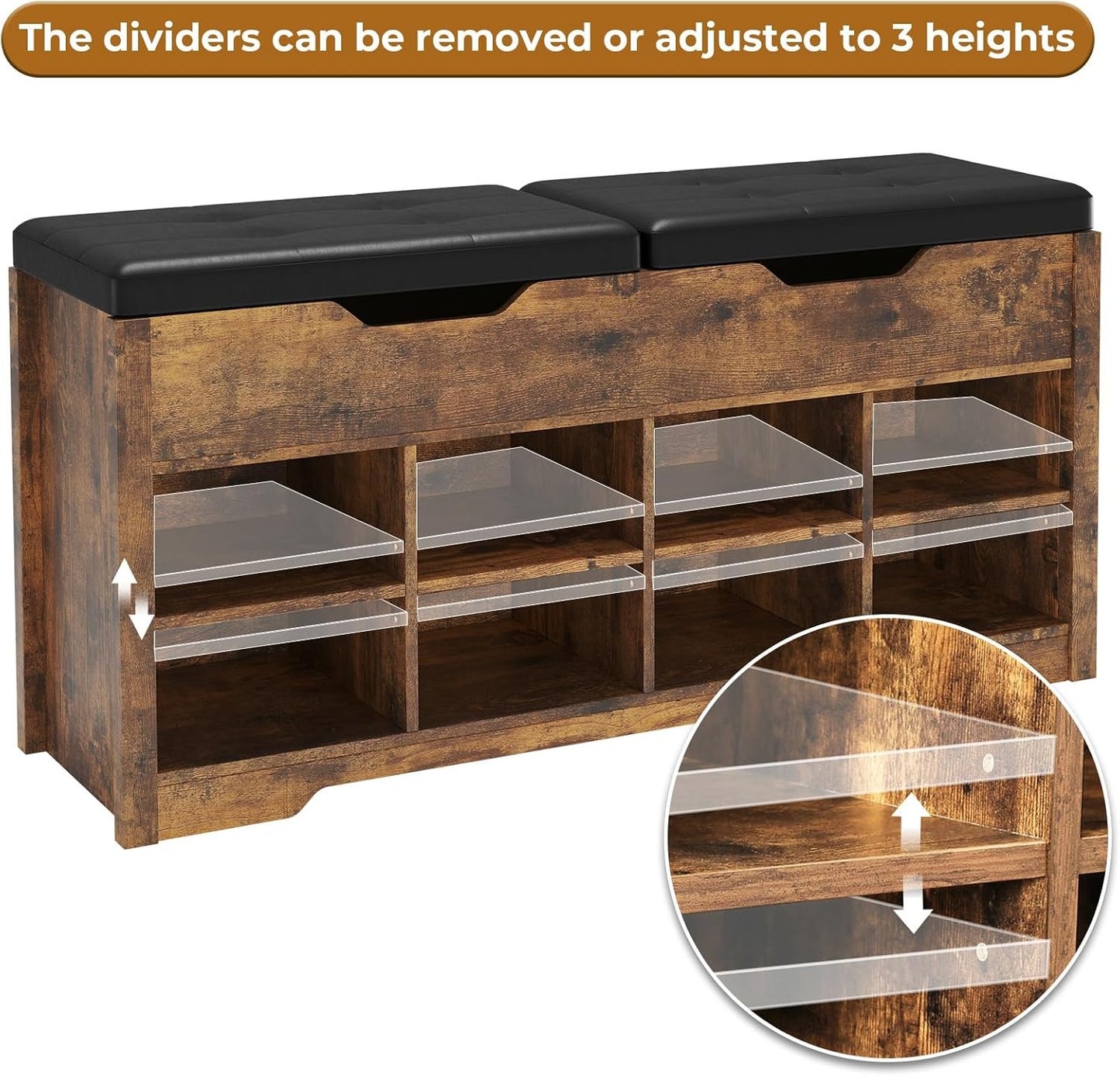 Hasuit 8 Adjustable Cubbies Shoe Organizer Bench With Cushion Seat And 2 Lift Top Storage Boxes Brown