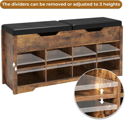 Hasuit 8 Adjustable Cubbies Shoe Organizer Bench With Cushion Seat And 2 Lift Top Storage Boxes Brown