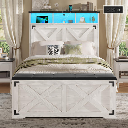 Hasuit Queen Size Bed Frame with Storage Ottoman, Farmhouse Bed Frame with Charging Station and Led Light, Headboard with Storage Rack, Metal Slats, No Noise Design, No Box Spring Needed,Oak Grey