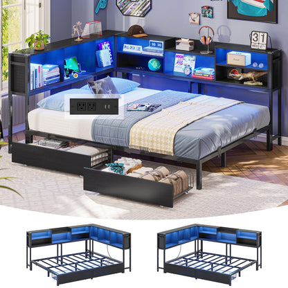 Hasuit Full Corner Bed Frame with Storage Bookcase, Full Size Daybed with 2 Underneath Storage Drawers, Kids Bed Unit with Charging Station and LED Light, Modern Teenagers Bedframe, Black&Gray