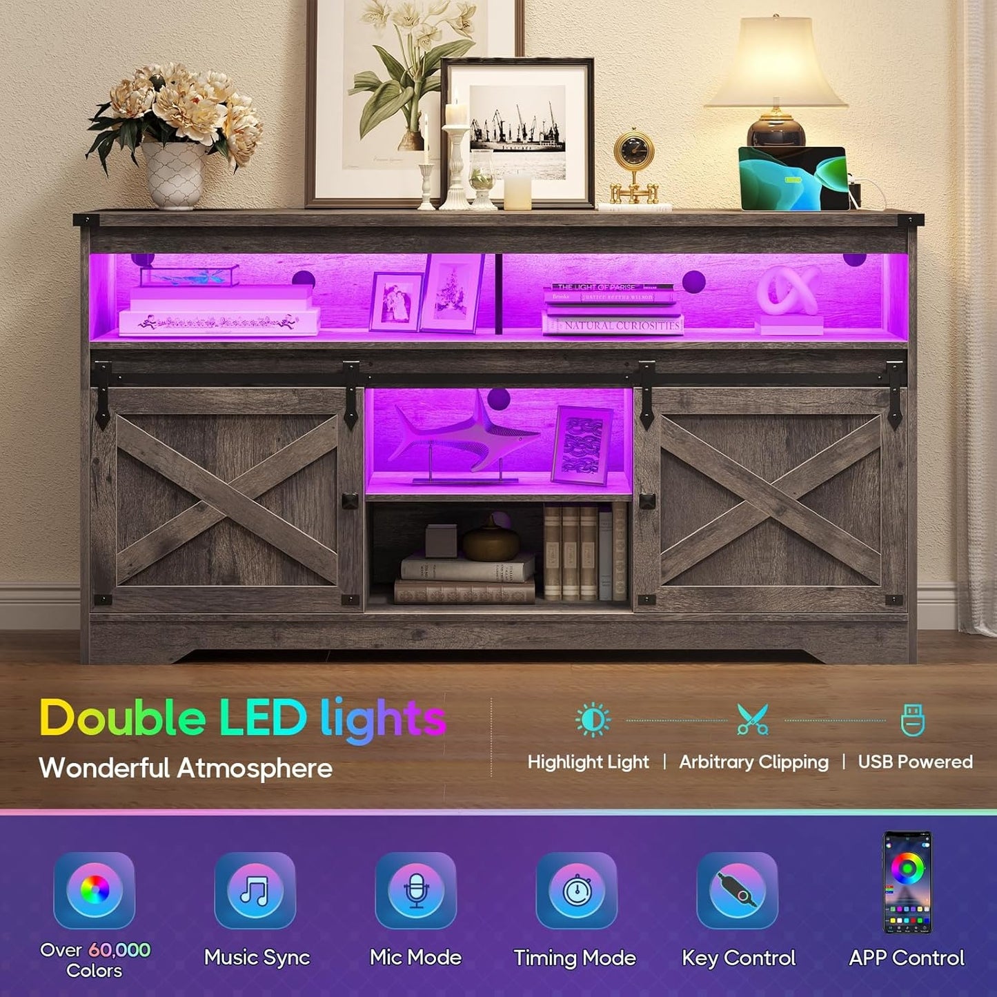 Hasuit Farmhouse LED TV Stand Entertainment Center with Power Outlet and Storage Cabinet for Living Room Oak