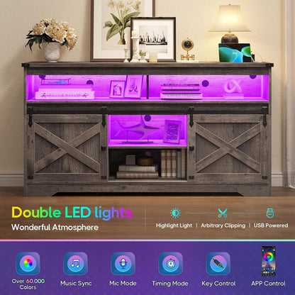Hasuit Farmhouse LED TV Stand Entertainment Center with Power Outlet and Storage Cabinet for Living Room Oak
