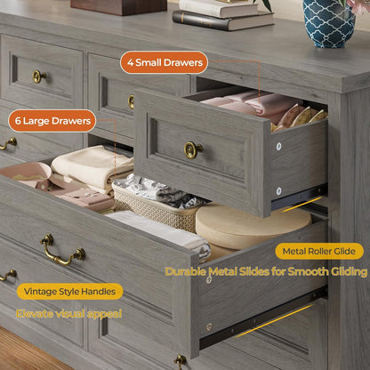 Hasuit Farmhouse 10 Drawer Dresser for Bedroom, 55.1" Wide Dressers Chest of Drawers, Rustic Wood Storage Cabinet with Deep Drawers and Vintage Handle, Large Gray Dresser for Bedroom, Closet, Hallway