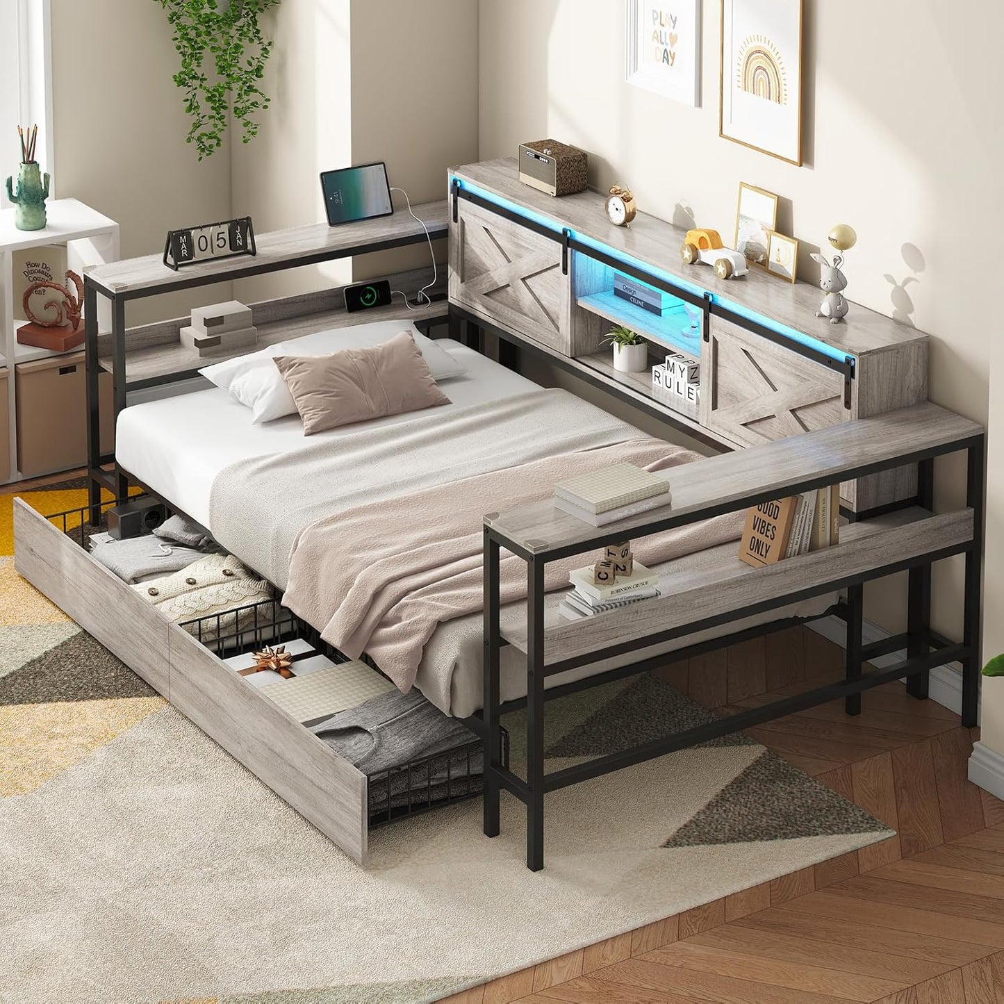 Hasuit Twin XL Corner Bed with Drawers and Bookcase Storage Shelves, Daybed with Charging Station and LED Light, Farmhouse Wooden Bed Frame with Sliding Barn Doors, No Box Spring Needed, Rustic Gray