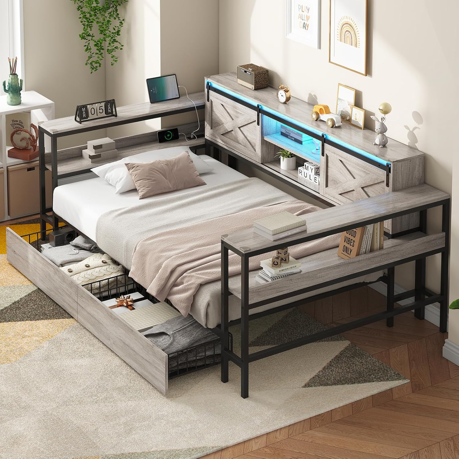 Hasuit Twin XL Corner Bed with Drawers and Bookcase Storage Shelves, Daybed with Charging Station and LED Light, Farmhouse Wooden Bed Frame with Sliding Barn Doors, No Box Spring Needed, Rustic Gray
