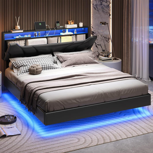 Hasuit California King Bed Frame with Hidden Storage Headboard and Charging Station Cal King Size Floating Bed Frame with Led Lights Upholstered Visual Floating Platform bed,No Box Spring Needed,Black