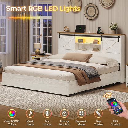 Hasuit Farmhouse Bed Frame California King Size with 4 Storage Drawers, Wooden Platform Cal King Beds with Charging Station and LED Lights, Rustic Bed with Storage Headboard and Sliding Barn Door