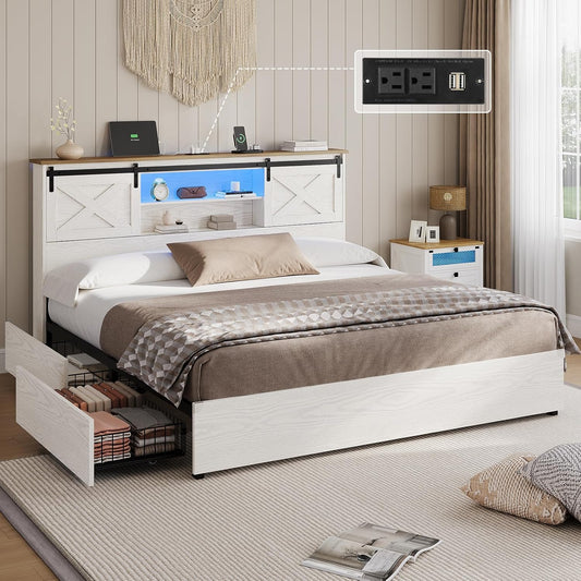 Hasuit Farmhouse Bed Frame California King Size with 4 Storage Drawers, Wooden Platform Cal King Beds with Charging Station and LED Lights, Rustic Bed with Storage Headboard and Sliding Barn Door