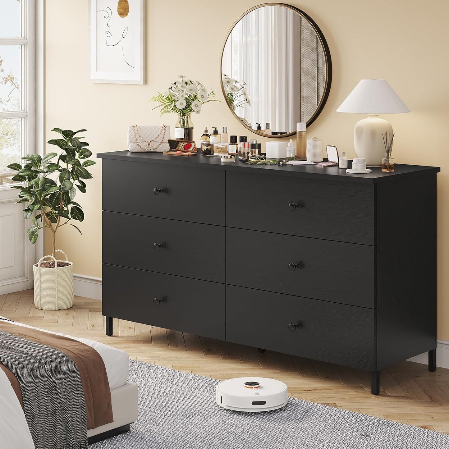 Hasuit 6 Drawers Double Dresser, Wooden Dressers with Heavy Sturdy Steel Frame, Large Capacity Storage Chest of Drawers, Black Dresser for Bedroom, Living Room, Entryway