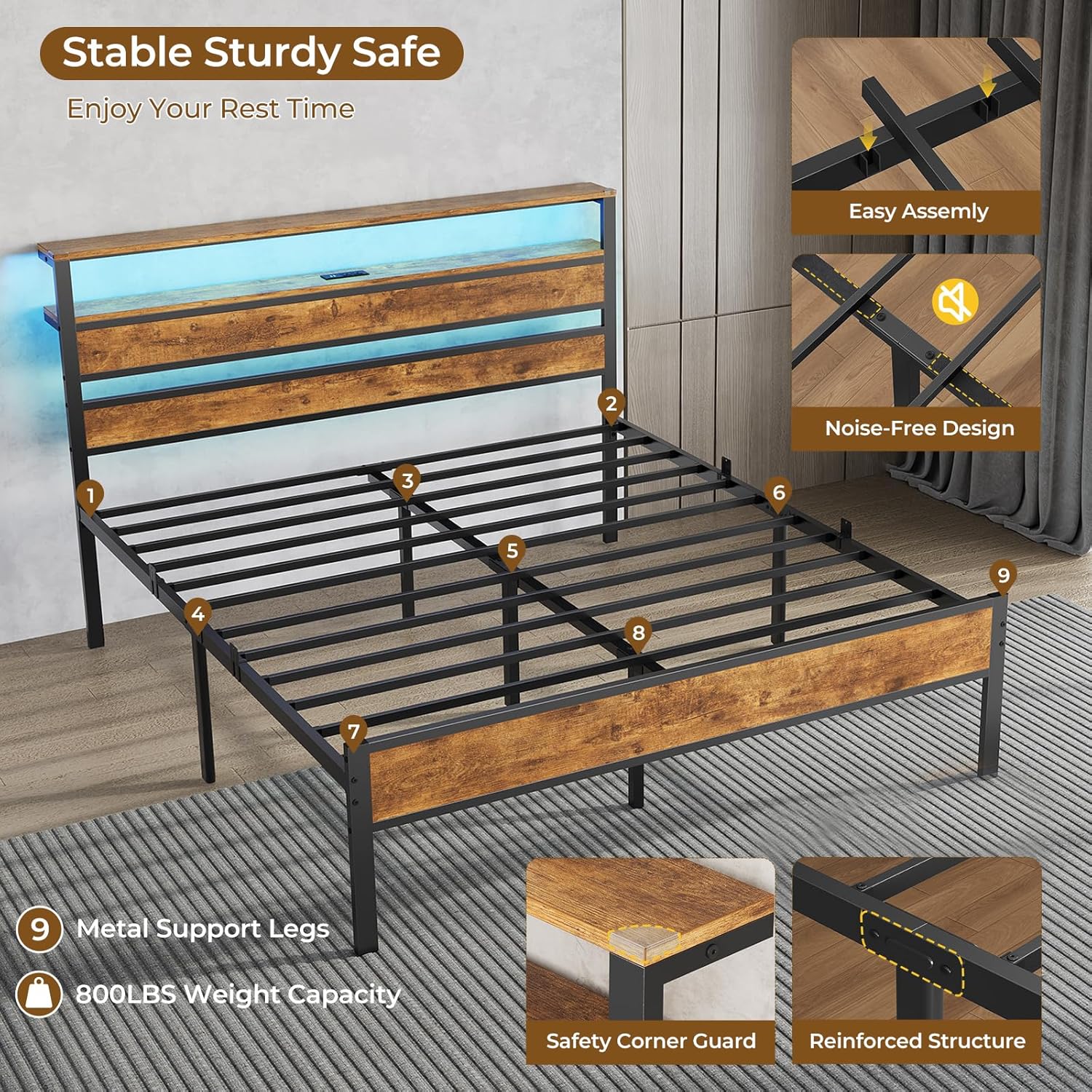 Hasuit Queen Bed Frame with Headboard, LED Lights and Charging Station, Metal Platform Bed Queen Size with Heavy Duty Slats, Under Bed Storage, Fast Assembly, No Box Spring Needed, Noise Free