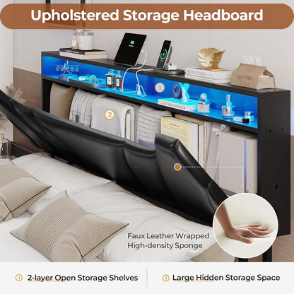 Hasuit California King Bed Frame with Hidden Storage Headboard and Charging Station Cal King Size Floating Bed Frame with Led Lights Upholstered Visual Floating Platform bed,No Box Spring Needed,Black