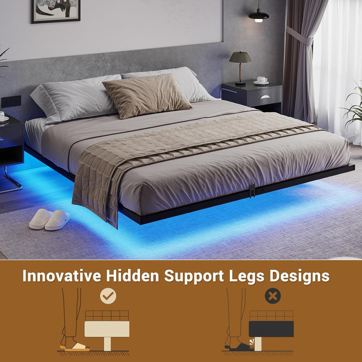 Hasuit Full Bed Frame w/ LED Lights & Metal Platform – No Box Spring, Easy Assembly