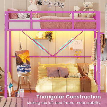 Hasuit Twin Pink Loft Bed with LED Lights, Loft Bed Twin Size with Full-Length Guardrail &Clothes Rack, Heavy Duty Loft Beds Frame, Space-Saving, Noise Free, No Box Spring Needed, Pink