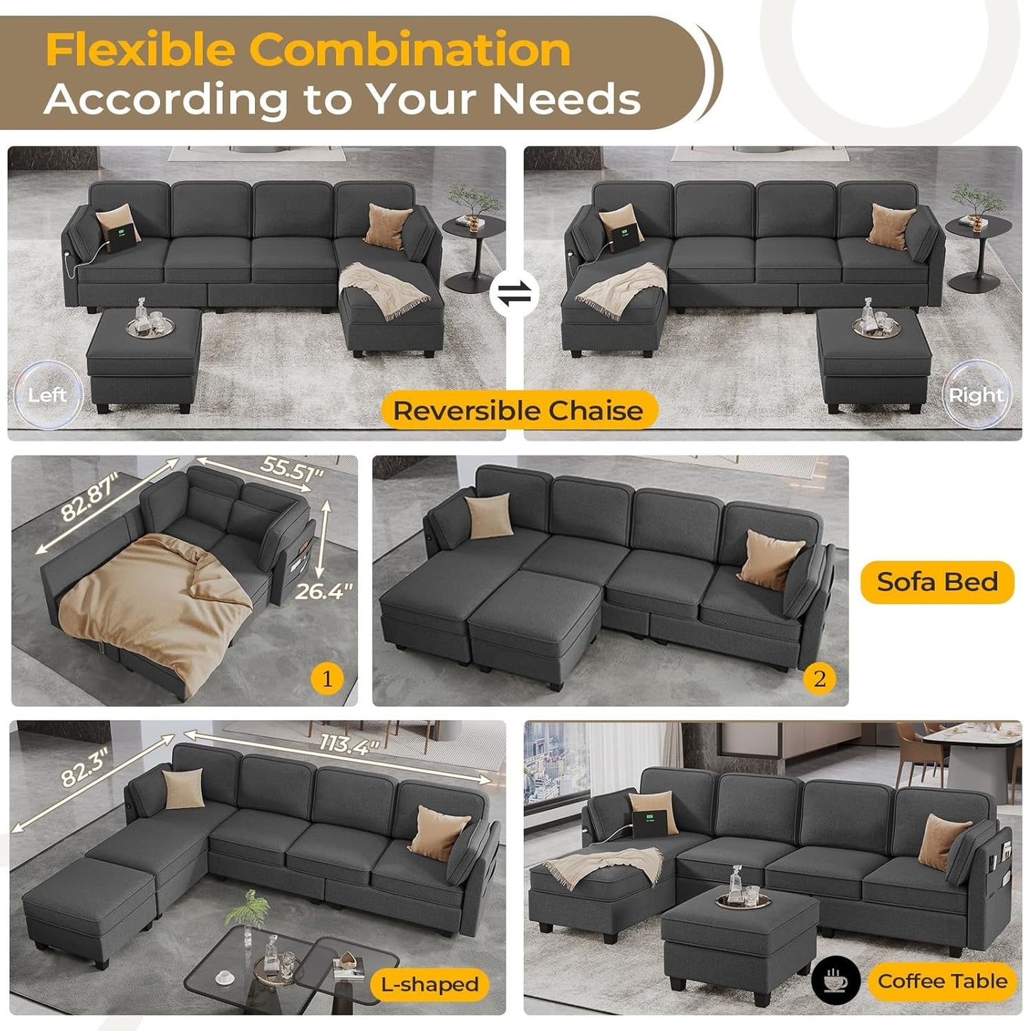 Hasuit 113'' U Shaped  Sectional Sofa with Storage Seats Comfy  with USB Dark Grey