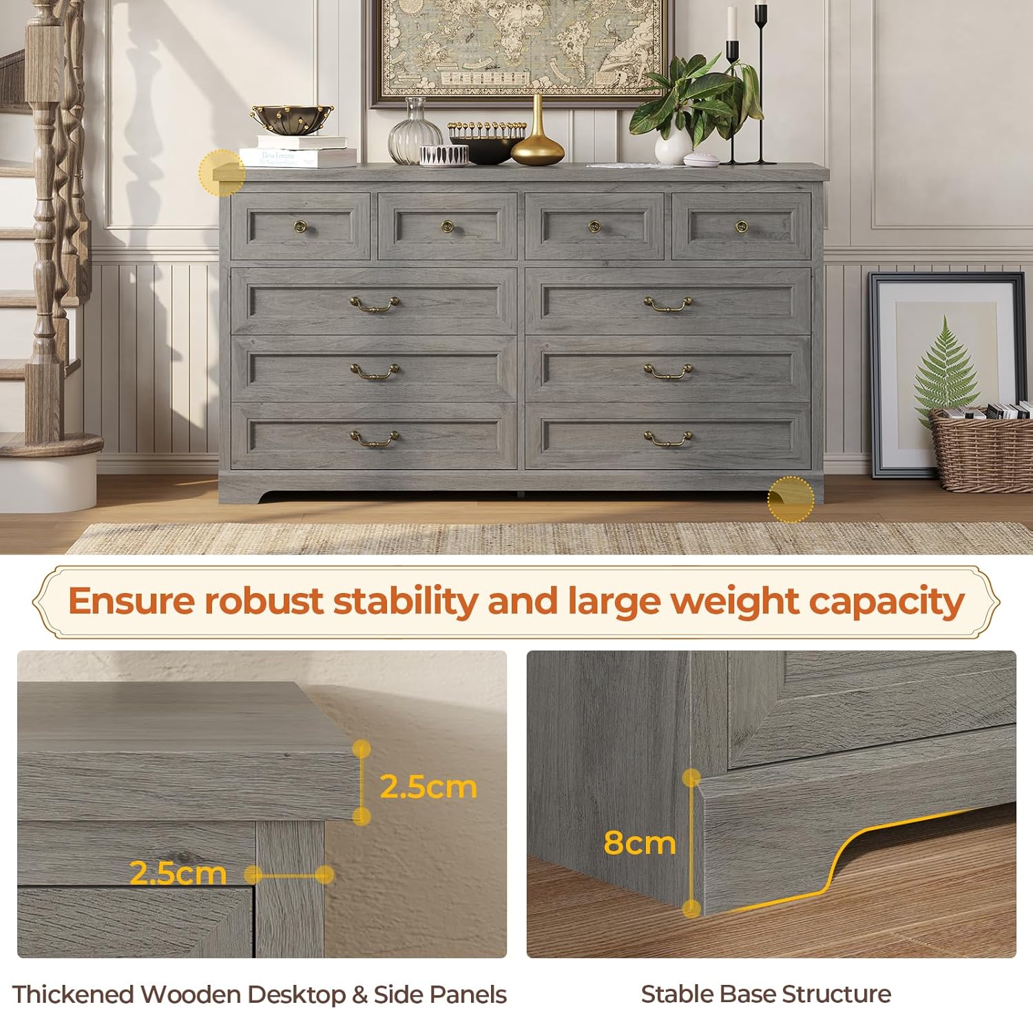 Hasuit Farmhouse 10 Drawer Dresser for Bedroom, 55.1" Wide Dressers Chest of Drawers, Rustic Wood Storage Cabinet with Deep Drawers and Vintage Handle, Large Gray Dresser for Bedroom, Closet, Hallway
