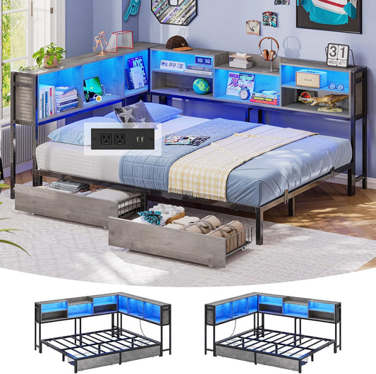 Hasuit Full Corner Bed Frame with Storage Bookcase, Full Size Daybed with 2 Underneath Storage Drawers, Kids Bed Unit with Charging Station and LED Light, Modern Teenagers Bedframe, Black&Gray