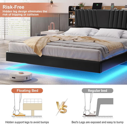 Hasuit California King Floating Led Bed Frame with Hidden Storage Headboard and Charging Station Cal King Size Visual Floating Platform Bed with Led Lights,No Box Spring Needed,Black+Rustic
