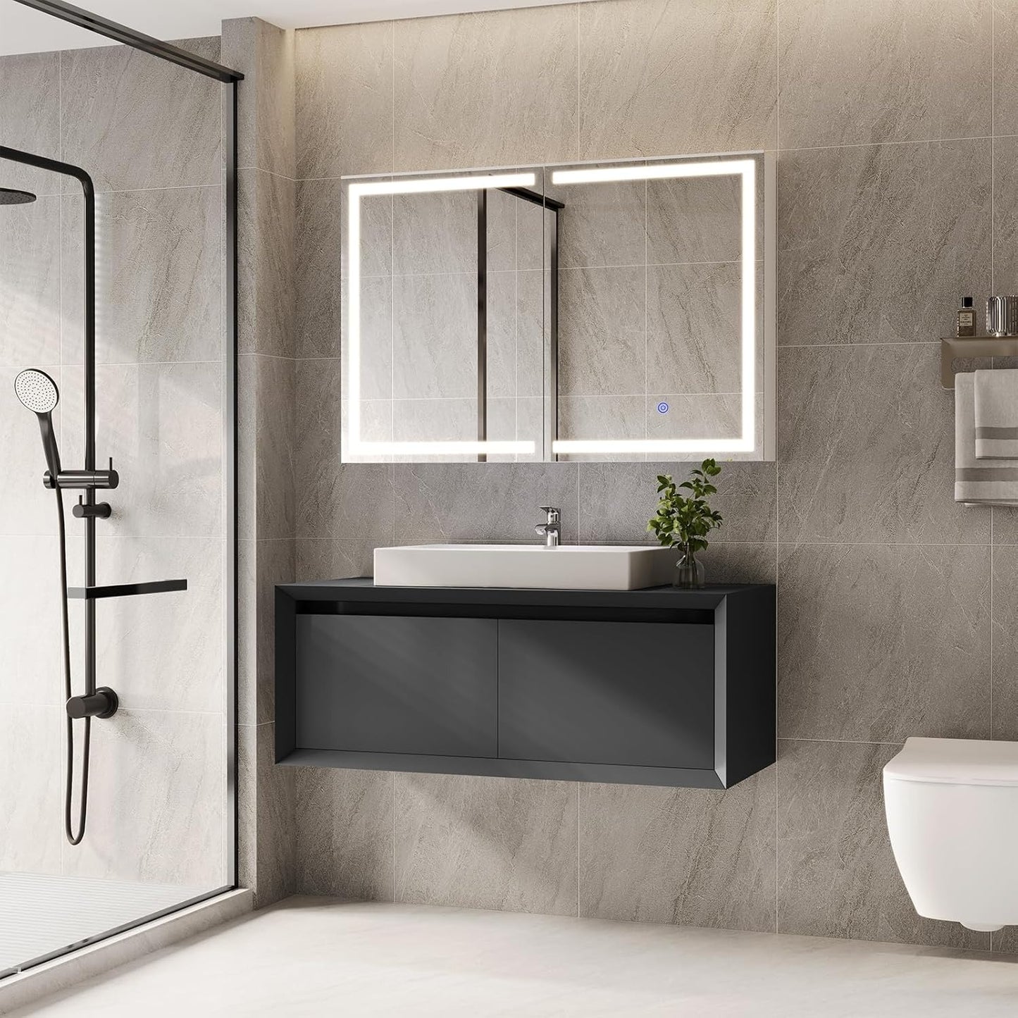 Hasuit 2 Doors Lighted Medicine Cabinet with Mirror, Wall Mounted with Storage