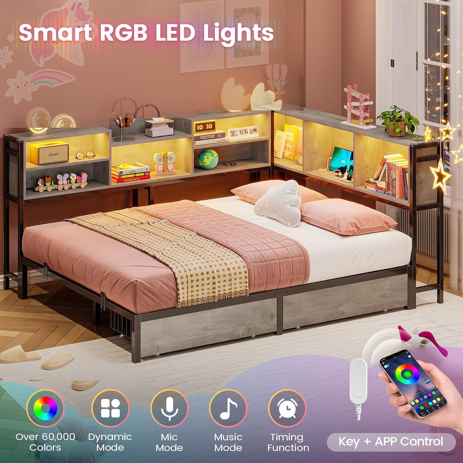 Hasuit Full Corner Bed Frame with Storage Bookcase, Full Size Daybed with 2 Underneath Storage Drawers, Kids Bed Unit with Charging Station and LED Light, Modern Teenagers Bedframe, Black&Gray