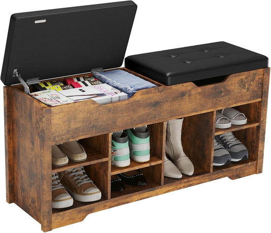 Hasuit 8 Adjustable Cubbies Shoe Organizer Bench With Cushion Seat And 2 Lift Top Storage Boxes Brown