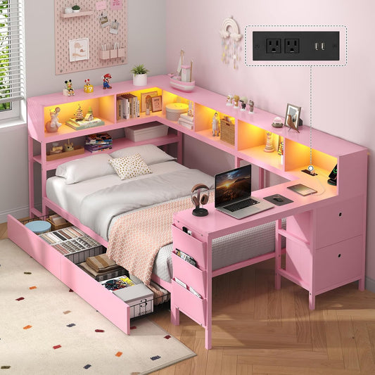 Hasuit Twin Corner Bed with Desk and Storage Bookcase, Daybed with 2 Drawers & 2 Storage Bins, Twin Size Platform Bed Frame with Charging Station and LED Light, Modern Teenagers Bedframe, Pink
