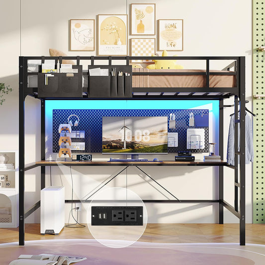 Hasuit Full Size Metal Loft Bed with Desk, LED Lights & Charging Station - Sturdy Space-Saving Bed Frame, Loft Bed Full Size Includes Safety Guard Rail & Ladder, No Box Spring Needed, Durable, Black
