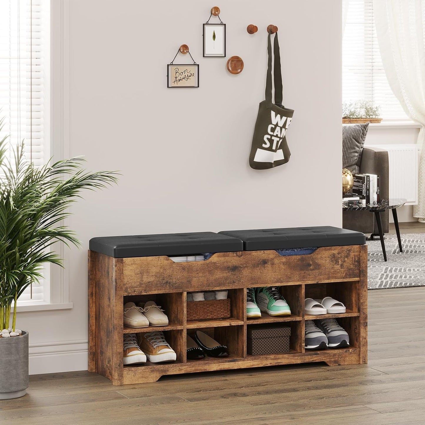 Hasuit 8 Adjustable Cubbies Shoe Organizer Bench With Cushion Seat And 2 Lift Top Storage Boxes Brown
