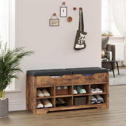 Hasuit 8 Adjustable Cubbies Shoe Organizer Bench With Cushion Seat And 2 Lift Top Storage Boxes Brown
