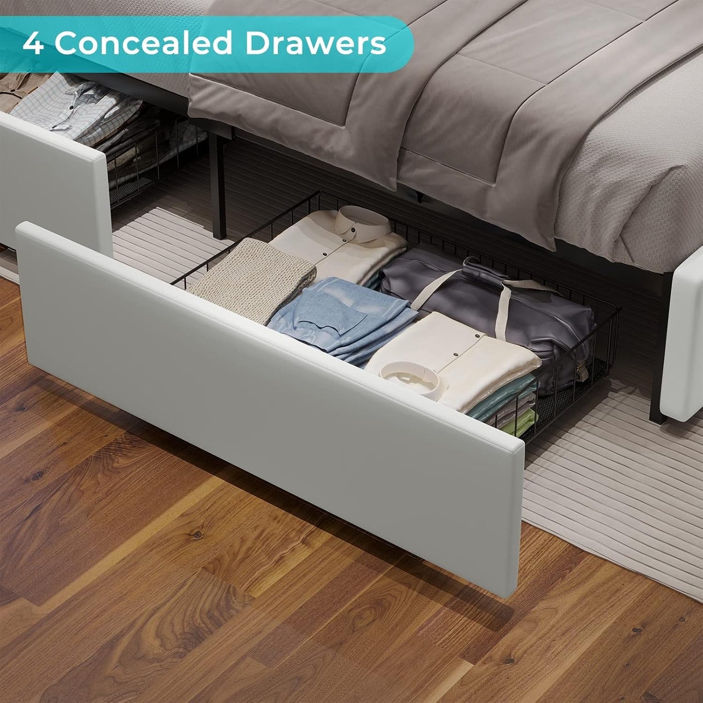 4 Drawers Faux Leather Upholstered Platform Bed Frame with LED Headboard White