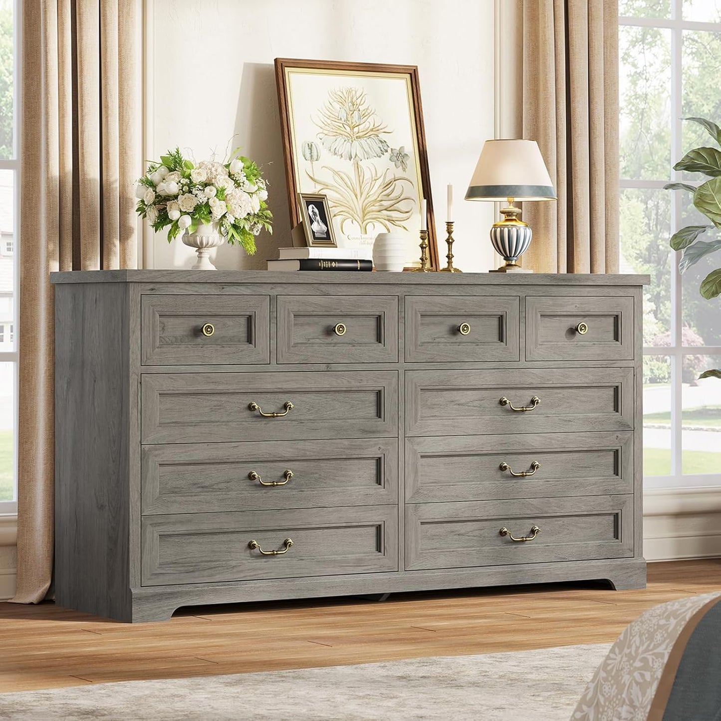 Hasuit Farmhouse 10 Drawer Dresser for Bedroom, 55.1" Wide Dressers Chest of Drawers, Rustic Wood Storage Cabinet with Deep Drawers and Vintage Handle, Large Gray Dresser for Bedroom, Closet, Hallway
