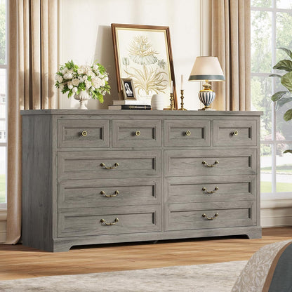 Hasuit Farmhouse 10 Drawer Dresser for Bedroom, 55.1" Wide Dressers Chest of Drawers, Rustic Wood Storage Cabinet with Deep Drawers and Vintage Handle, Large Gray Dresser for Bedroom, Closet, Hallway