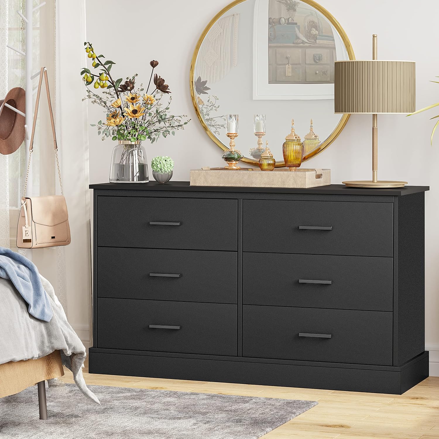 Hasuit Black 6 Drawer Double Dresser for Bedroom, Wood Storage Tower Clothes Organizer, Wide Chest of 6 Drawers, Large Storage Cabinet, Dresser with Sturdy Base for Bedroom, Hallway, Entryway