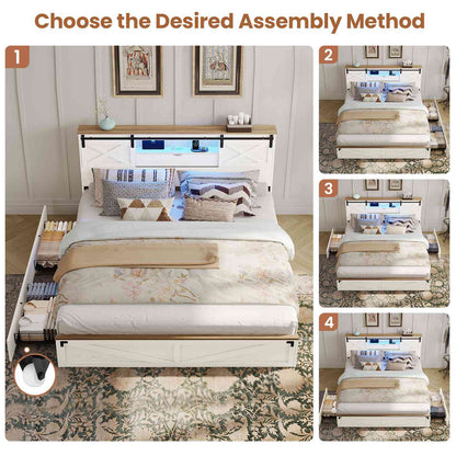 Hasuit | Farmhouse Bed Frame with Storage Bookcase Headboard Wooden Rustic Bed with LED Lights and Charging Station White