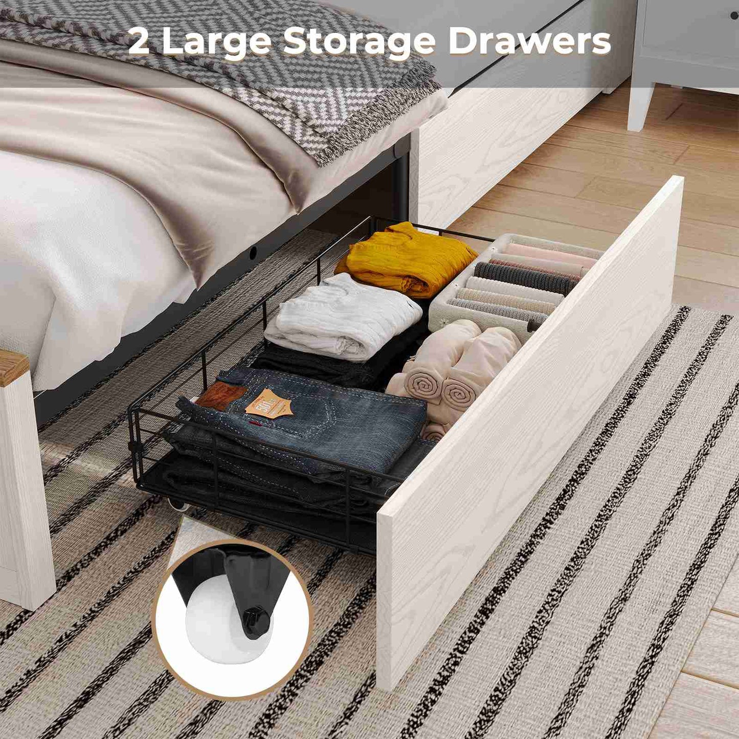 Hasuit | Farmhouse Bed Frame with Storage Bookcase Headboard Wooden Rustic Bed with LED Lights and Charging Station White