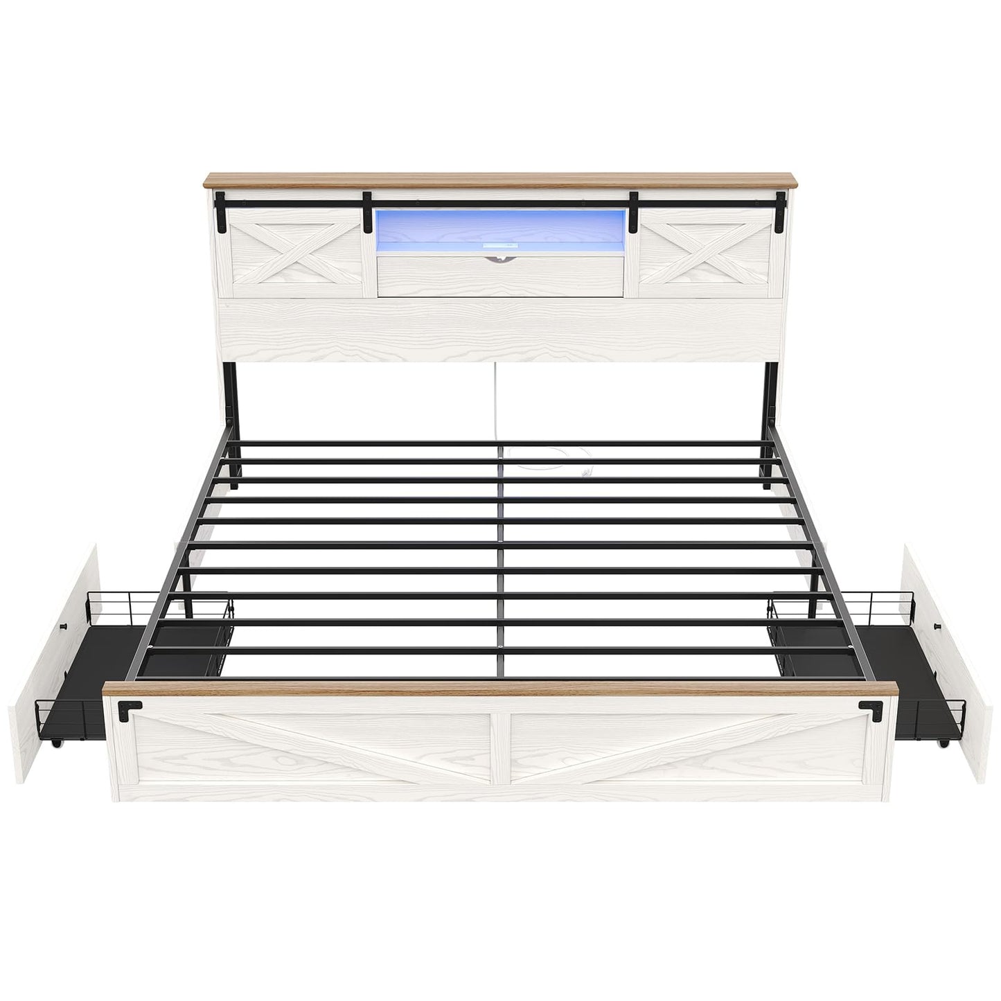 Hasuit | Farmhouse Bed Frame with Storage Bookcase Headboard Wooden Rustic Bed with LED Lights and Charging Station White