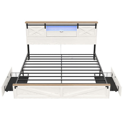 Hasuit | Farmhouse Bed Frame with Storage Bookcase Headboard Wooden Rustic Bed with LED Lights and Charging Station White
