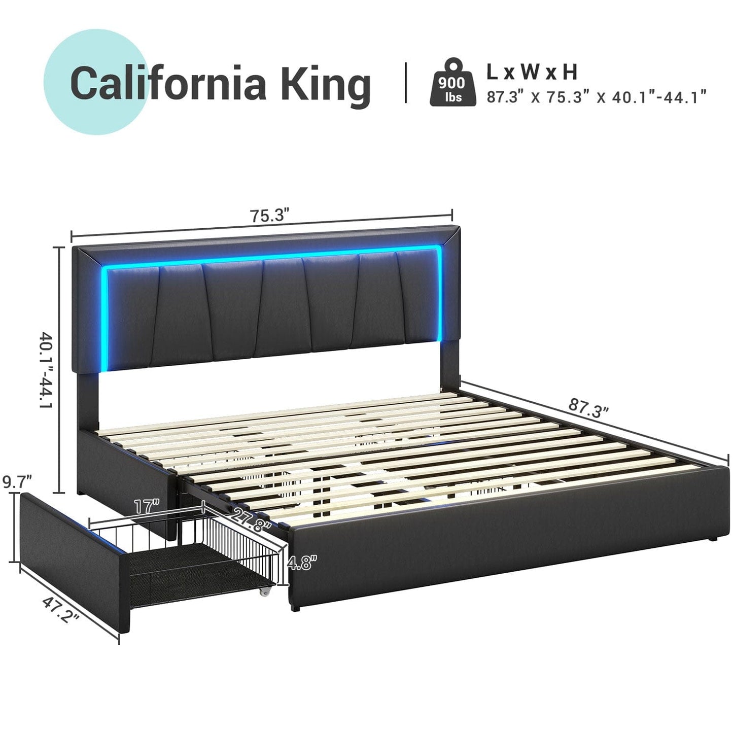 4 Drawers Faux Leather Upholstered Platform Bed Frame with LED Headboard Black