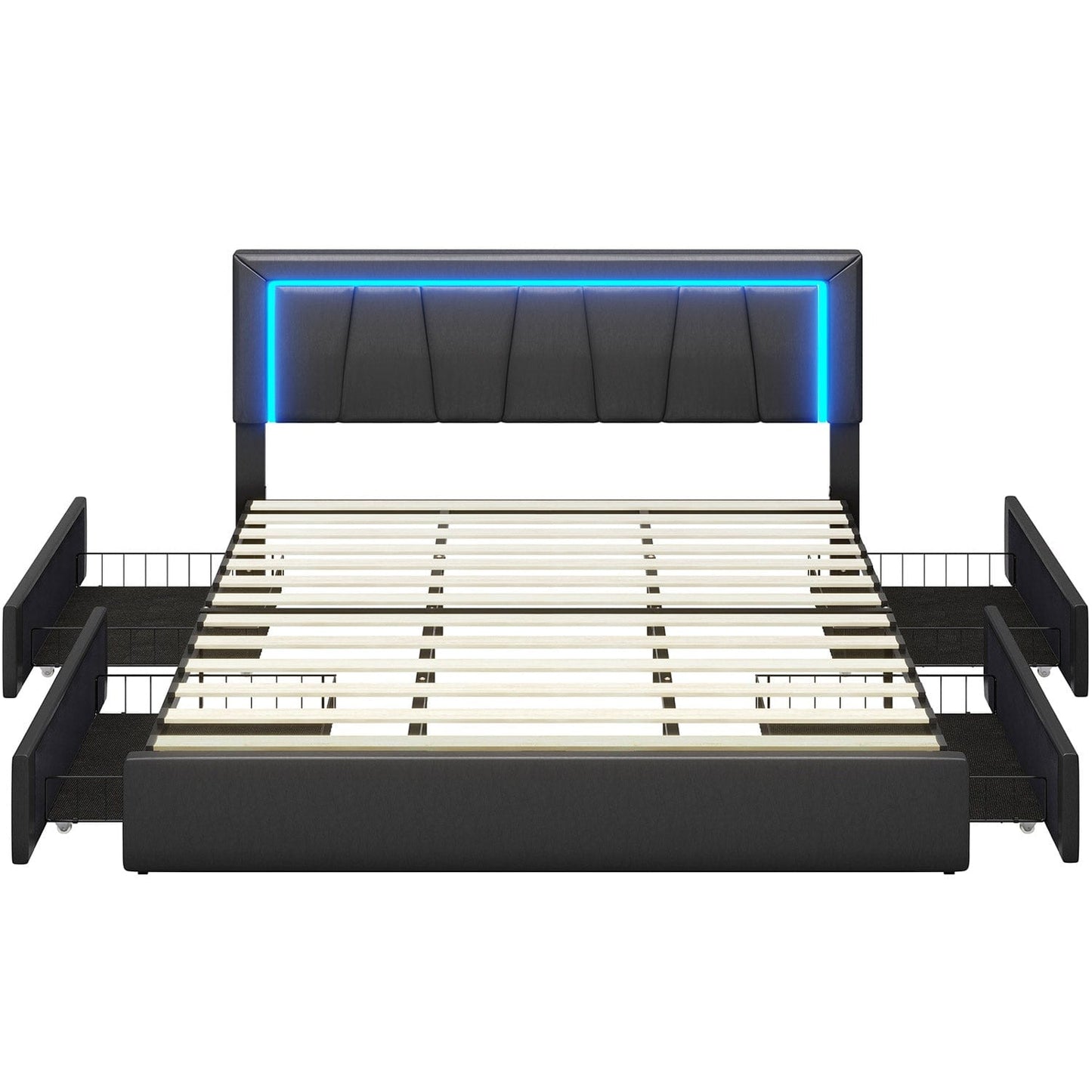 4 Drawers Faux Leather Upholstered Platform Bed Frame with LED Headboard Black
